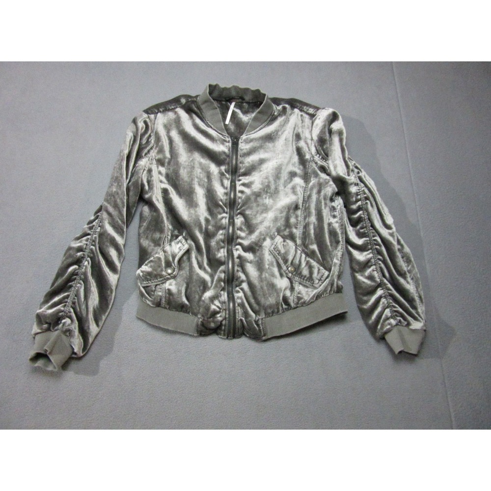 Free People Jacket Womens Small Gray Ruched Crushed Velvet Bomber Ribbed Trim
